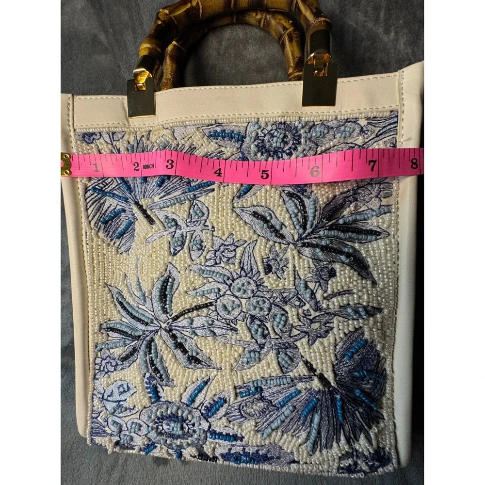 From India to You Beaded Floral Bamboo Handle Tote Bag Blue Cream NEW